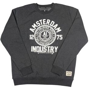 Amsterdam Industry charcoal gray sweatshirt W white typography. Large